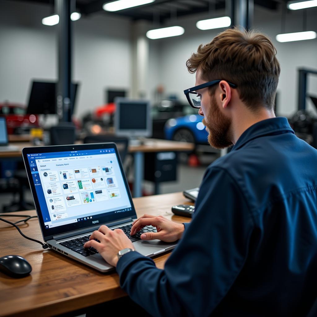 Technician Using Bulls Eye Career Tool on Laptop