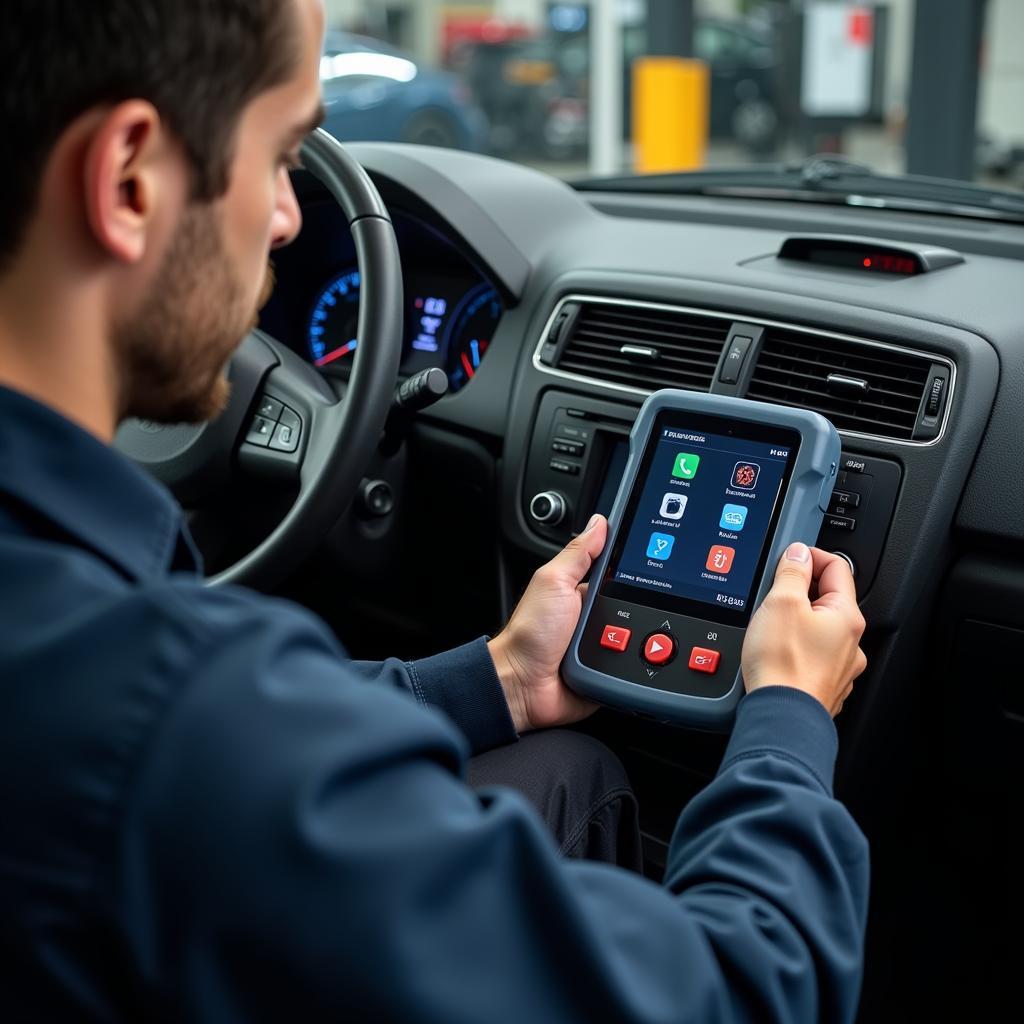 Technician Using Car Programmer Tool