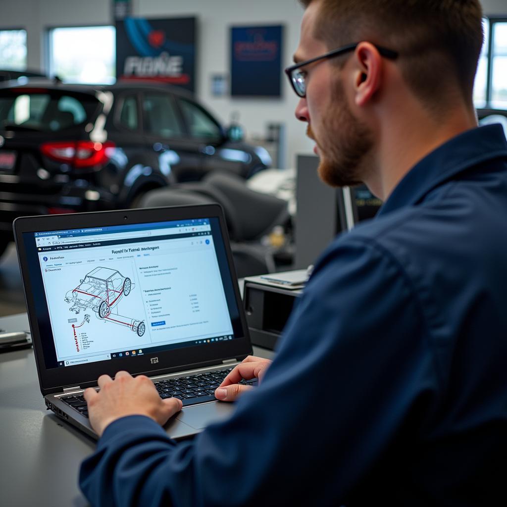 Technician Using Diagnostic Software in a Toole Dealership