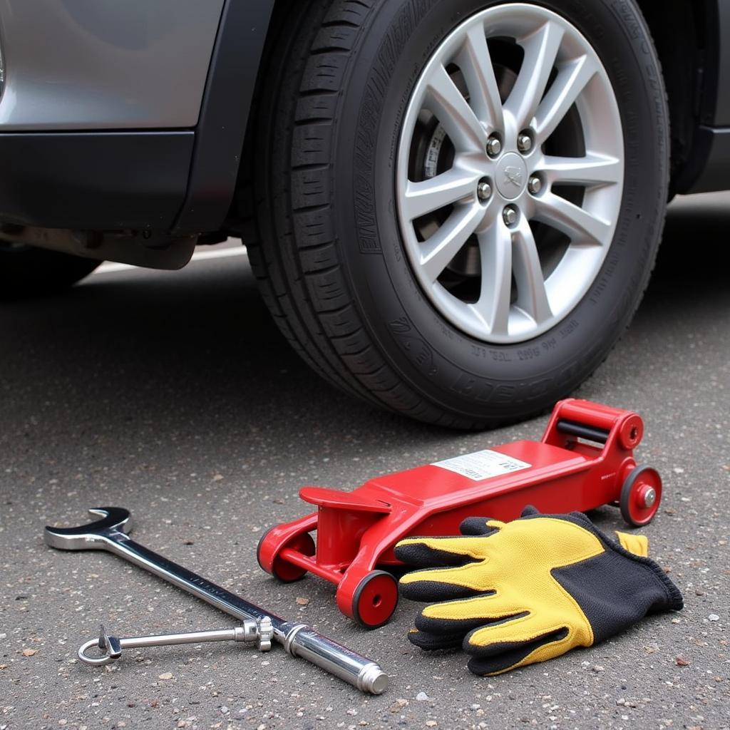 Car emergency kit with tire iron, jack, and gloves