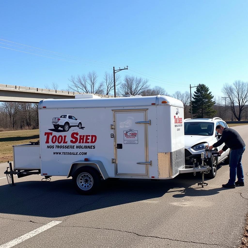 Tool Shed Car Trailer Providing Roadside Assistance