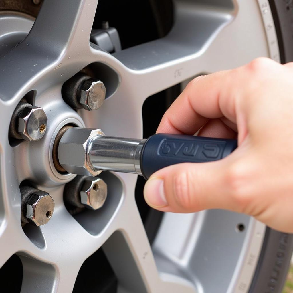 Using a torque wrench to tighten a wheel nut.