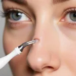 Tweezerman No-Slip Skin Care Tool in action, extracting a blackhead from the nose.