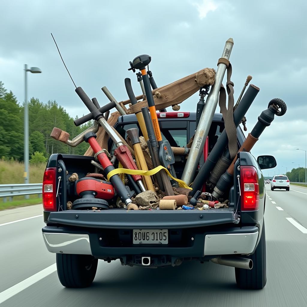 Unsecured Load on a Truck on the Highway