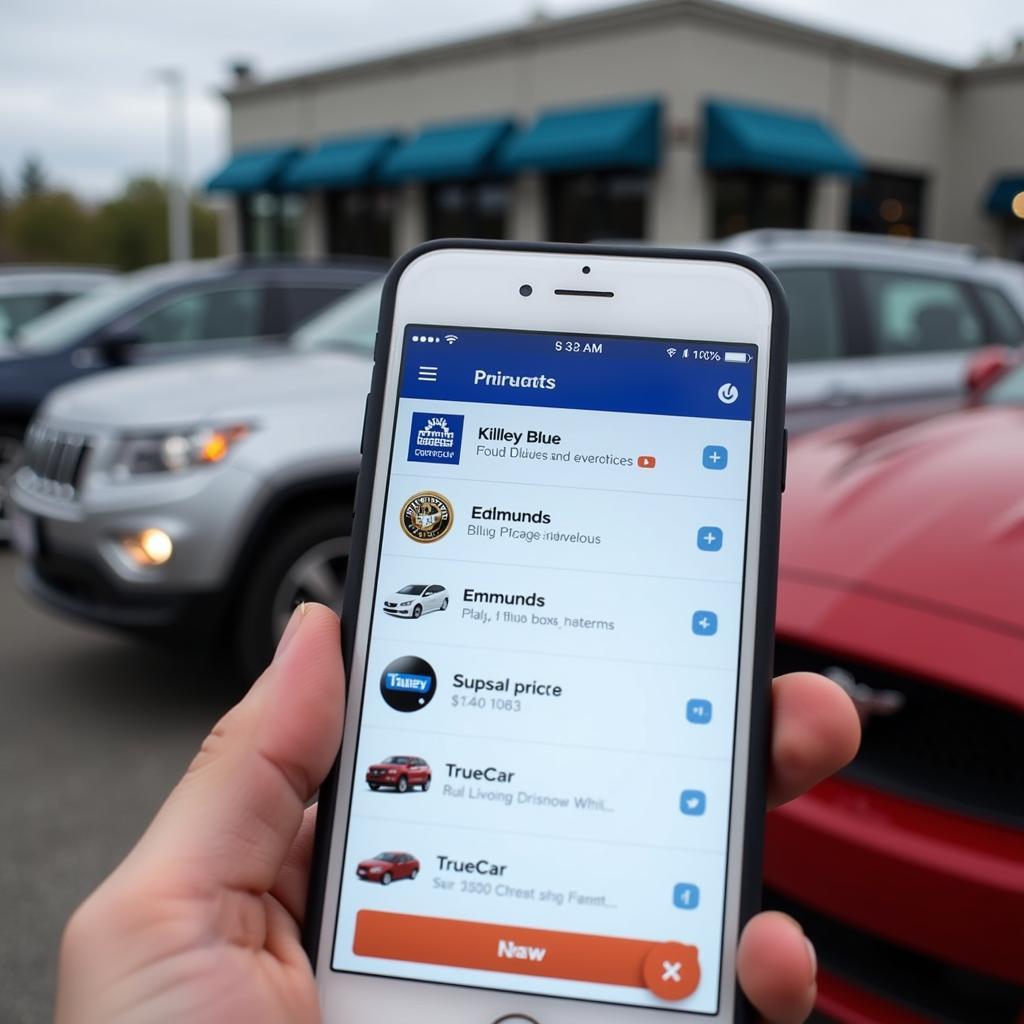 Used car market pricing tools showing various websites and apps on a smartphone