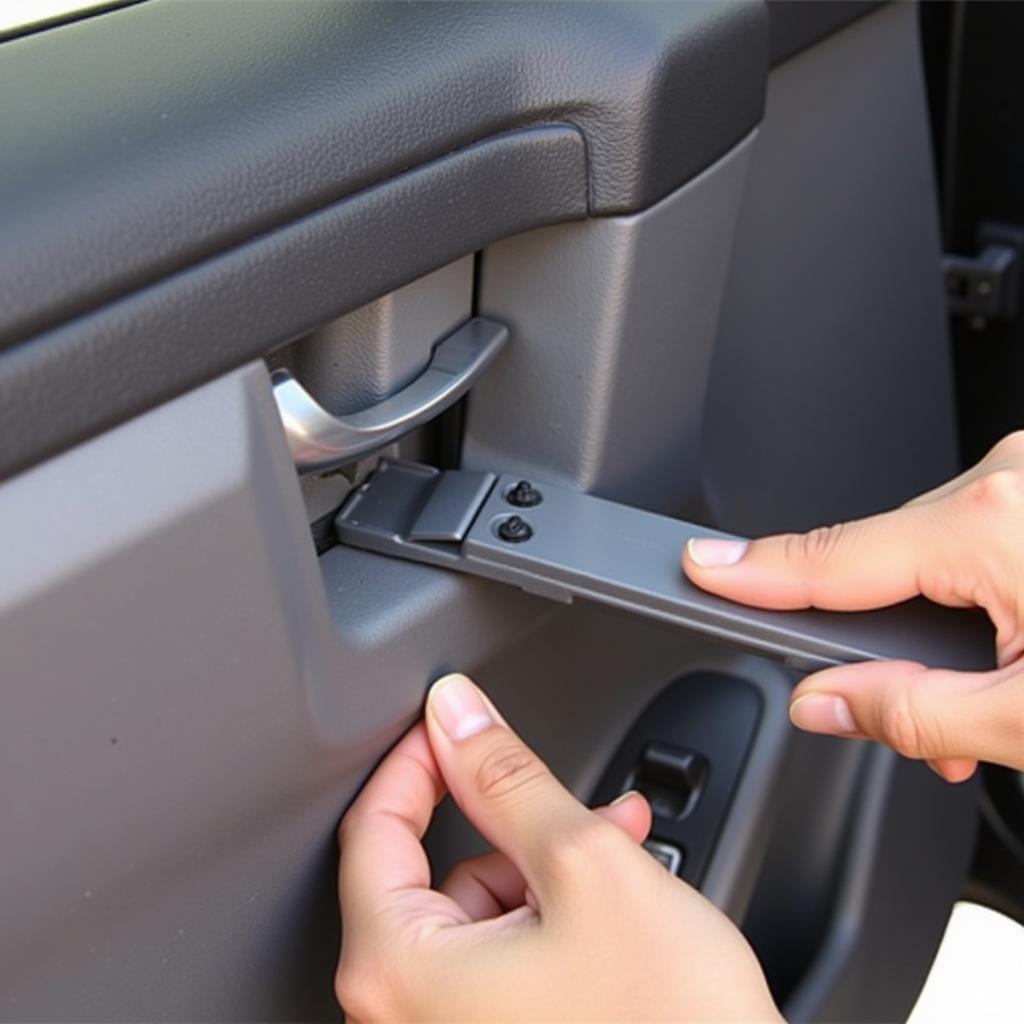 A person using a car interior pry tool to remove a door panel