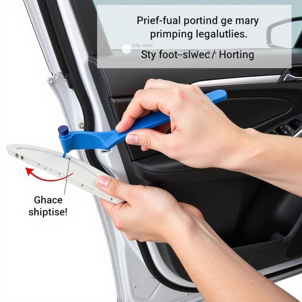 A close-up shot of a person using a plastic pry tool to carefully remove a car door panel. They are using a trim removal tool to leverage the panel away from the door frame.