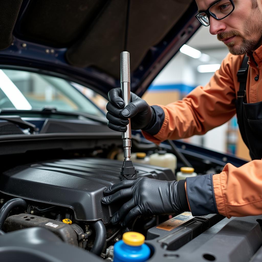 Using rented car repair tools to fix a car engine.