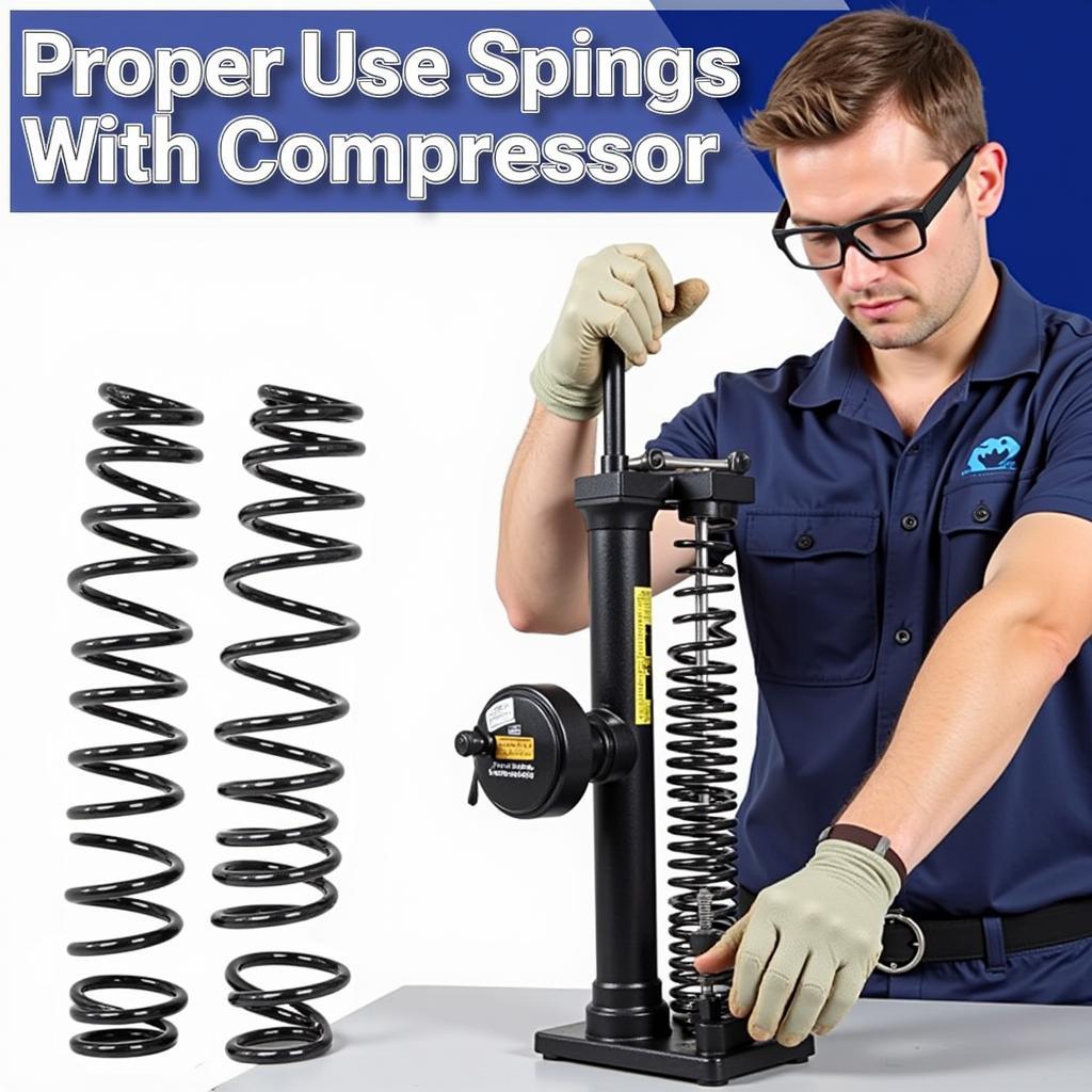 A mechanic wearing safety gear and using a spring compressor correctly