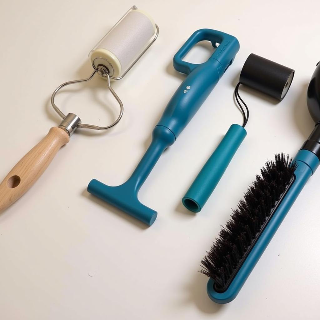 Different types of dog hair removal tools, including rubber brushes, lint rollers, and vacuum attachments.