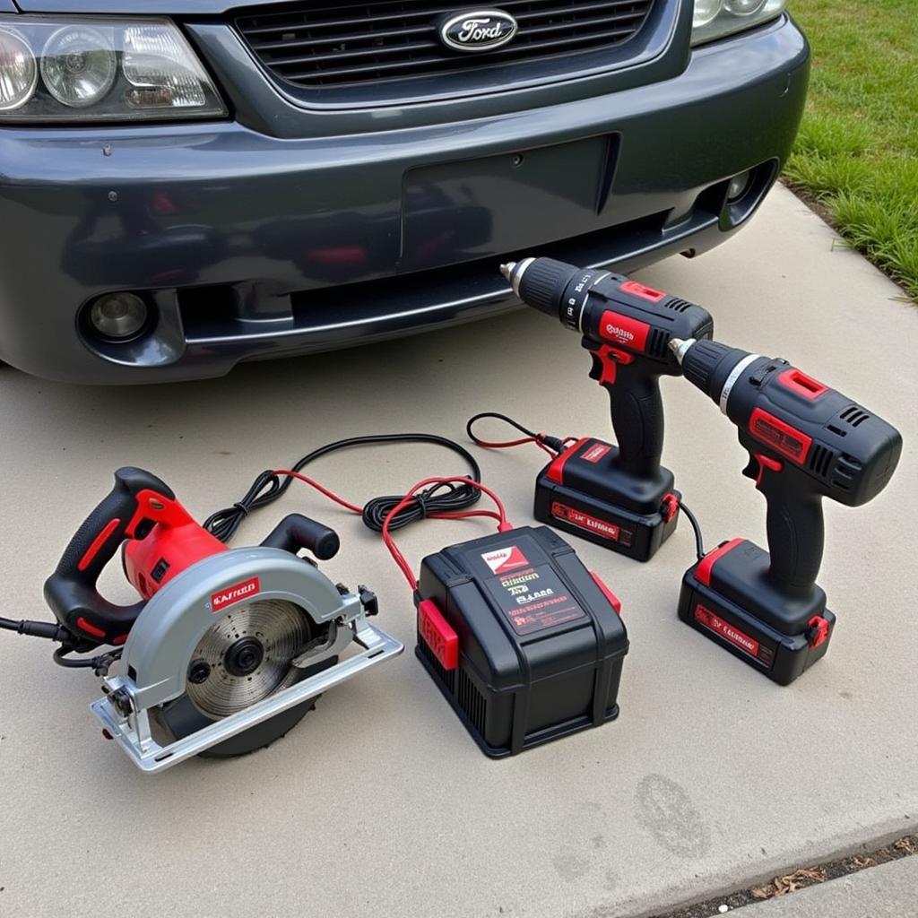 Various Power Tools Connected to a Car Battery Setup