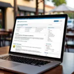 A person reviewing a vehicle history report on a laptop while sitting at a cafe in San Diego.