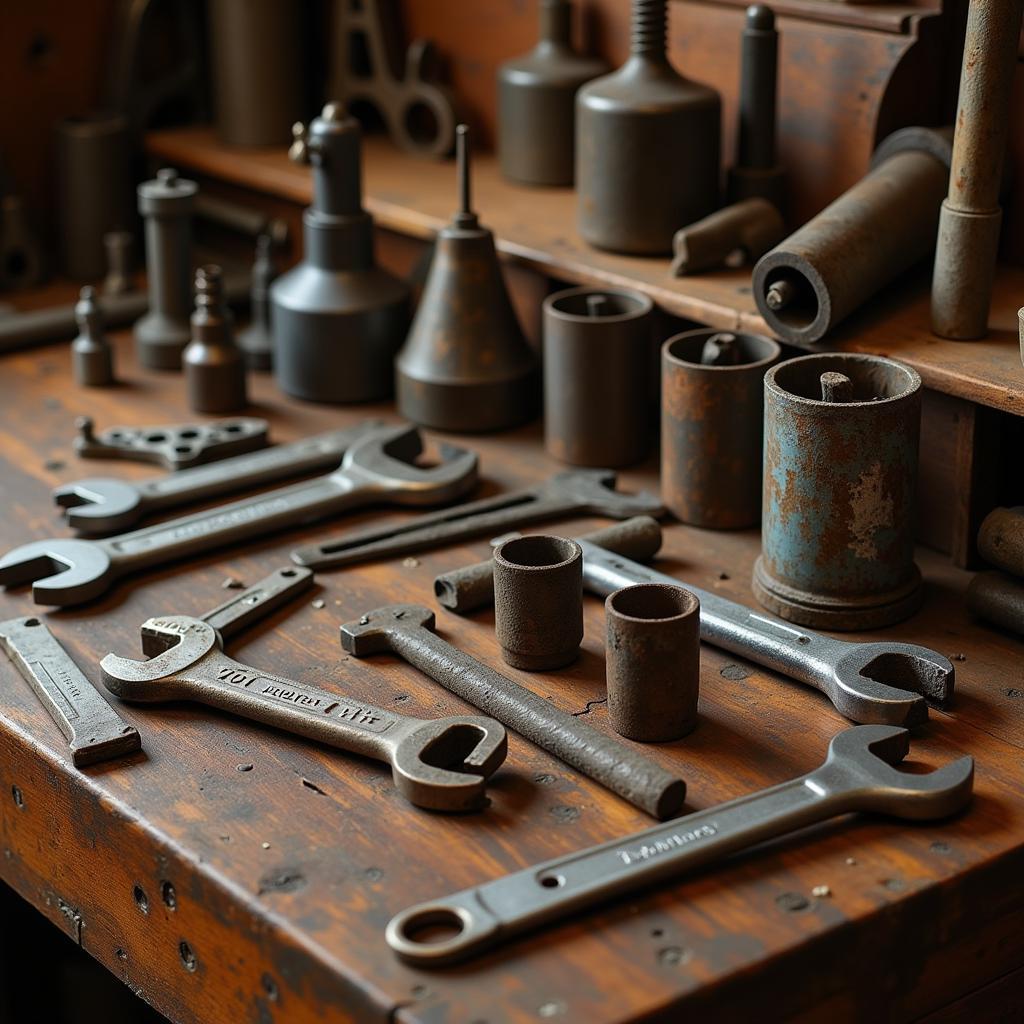 A collection of vintage car tools laid out on a workbench, showcasing their age and craftsmanship.