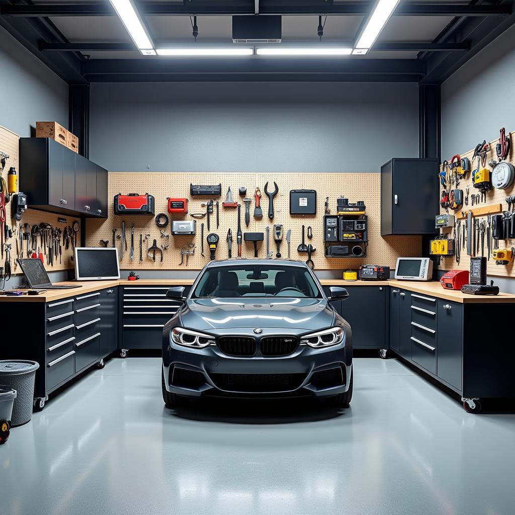 A well-equipped car garage with a variety of tools neatly organized on wall-mounted panels and in tool chests.