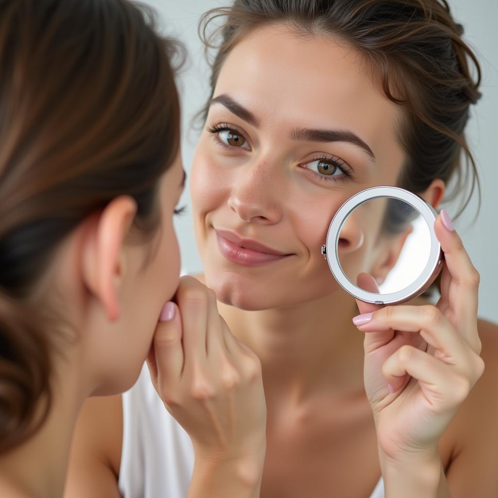 A woman examining her skin in a handheld mirror