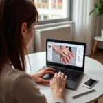 Woman Searching Nail Care Tutorials on Laptop