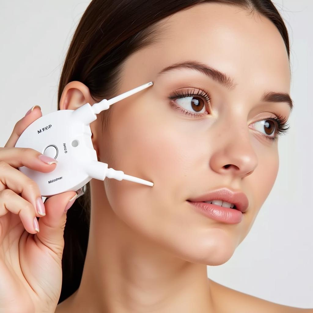 A woman using a Star Microcurrent Face Lift Device on her cheek, following the contours of her face.